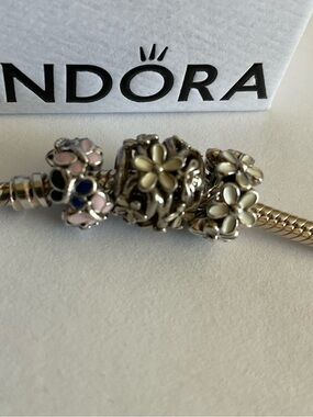 Pandora Silver Floral Charm Bracelet with White and Blue Enamel Flowers